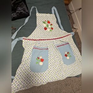 Strawberry Embroidered Blue and White Apron